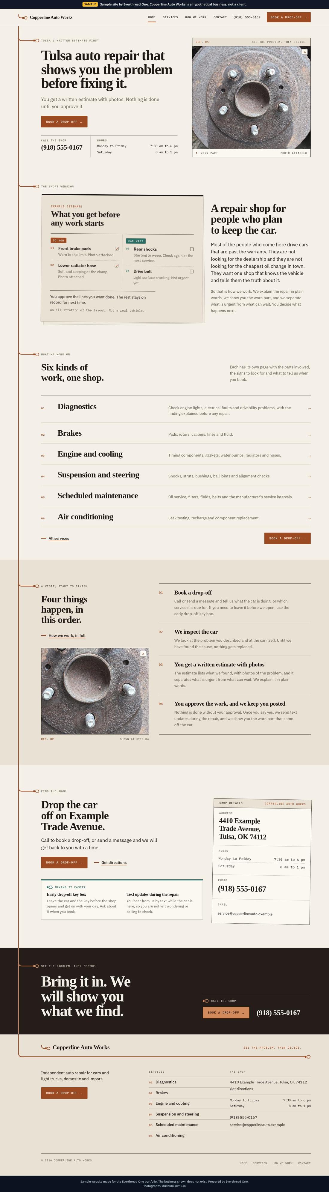 Growth level sample website for Copperline Auto Works, a hypothetical business