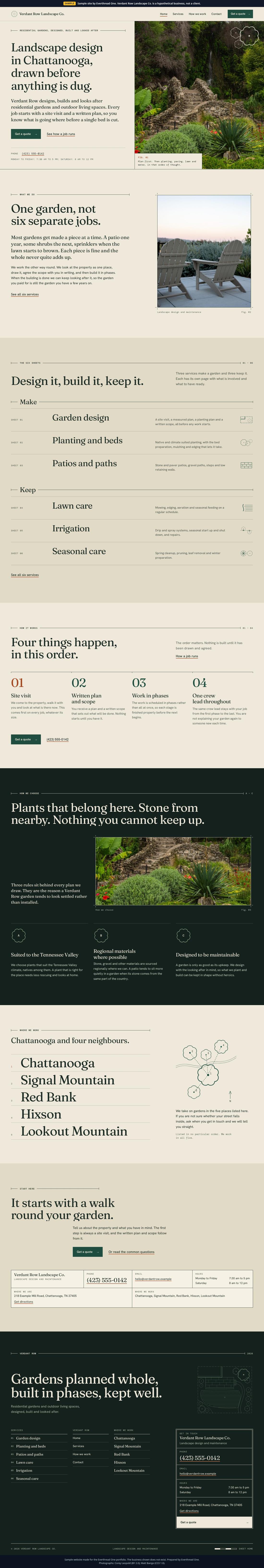 Growth level sample website for Verdant Row Landscape Co., a hypothetical business