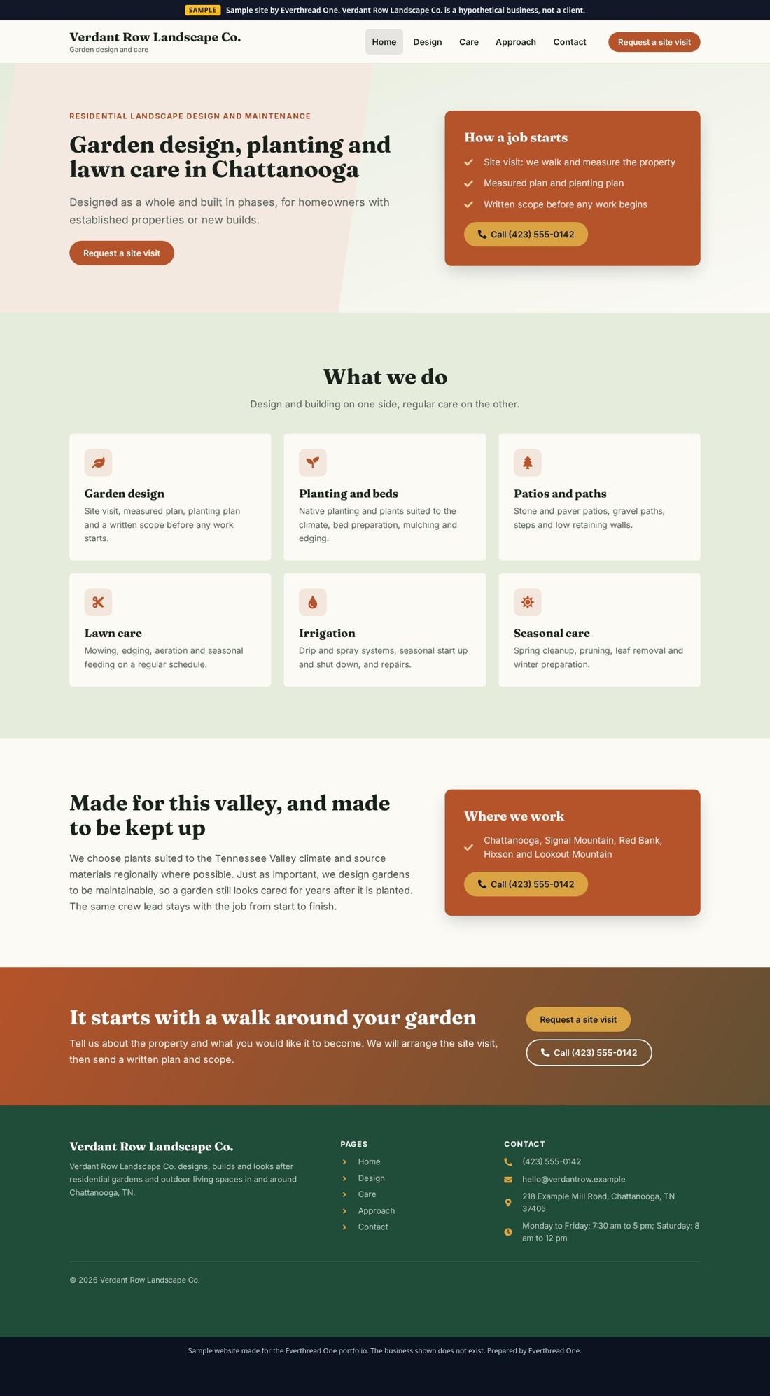 Launch level sample website for Verdant Row Landscape Co., a hypothetical business