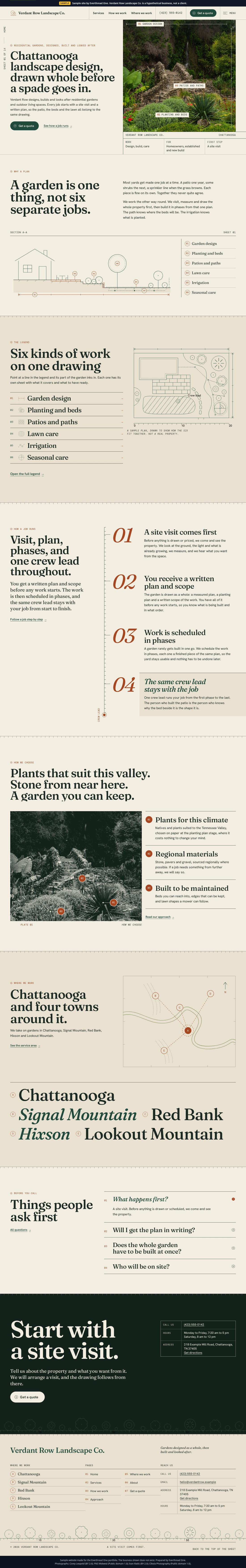 Signature level sample website for Verdant Row Landscape Co., a hypothetical business