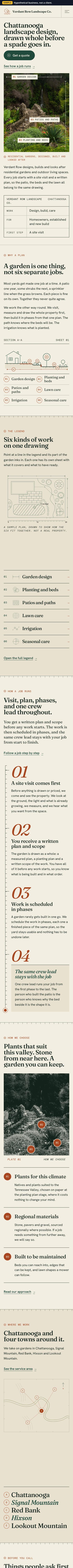 Signature level sample website for Verdant Row Landscape Co., a hypothetical business